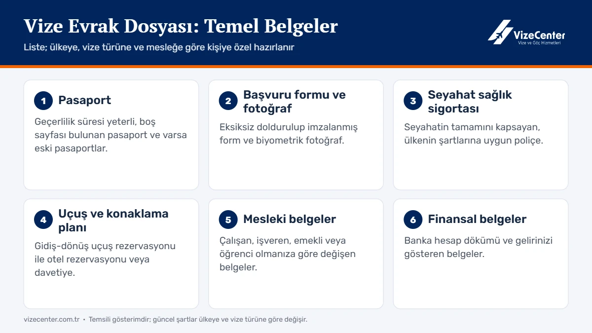 Vize başvurusu için gerekli evraklar: pasaport, başvuru formu, sigorta, rezervasyon, mesleki ve finansal belgeler